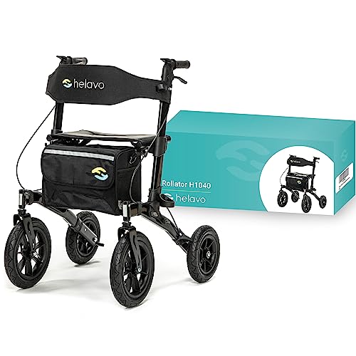 Helavo All Terrain Walker with Pneumatic Tires - Foldable Outdoor Walker for Seniors with Seat - Best Comfort on All Surfaces