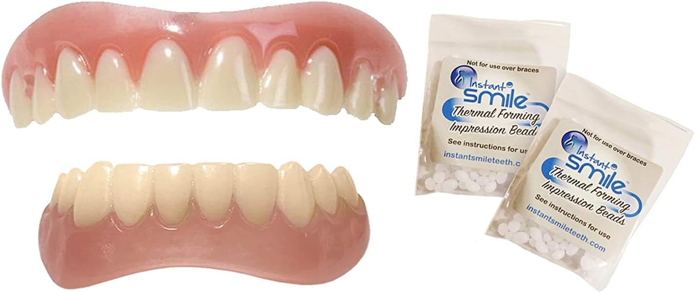 Instant Smile Veneer Set with Medium Top Set of White Teeth and Bottom Set of White Teeth with 2 Extra Pkgs Thermal Beads