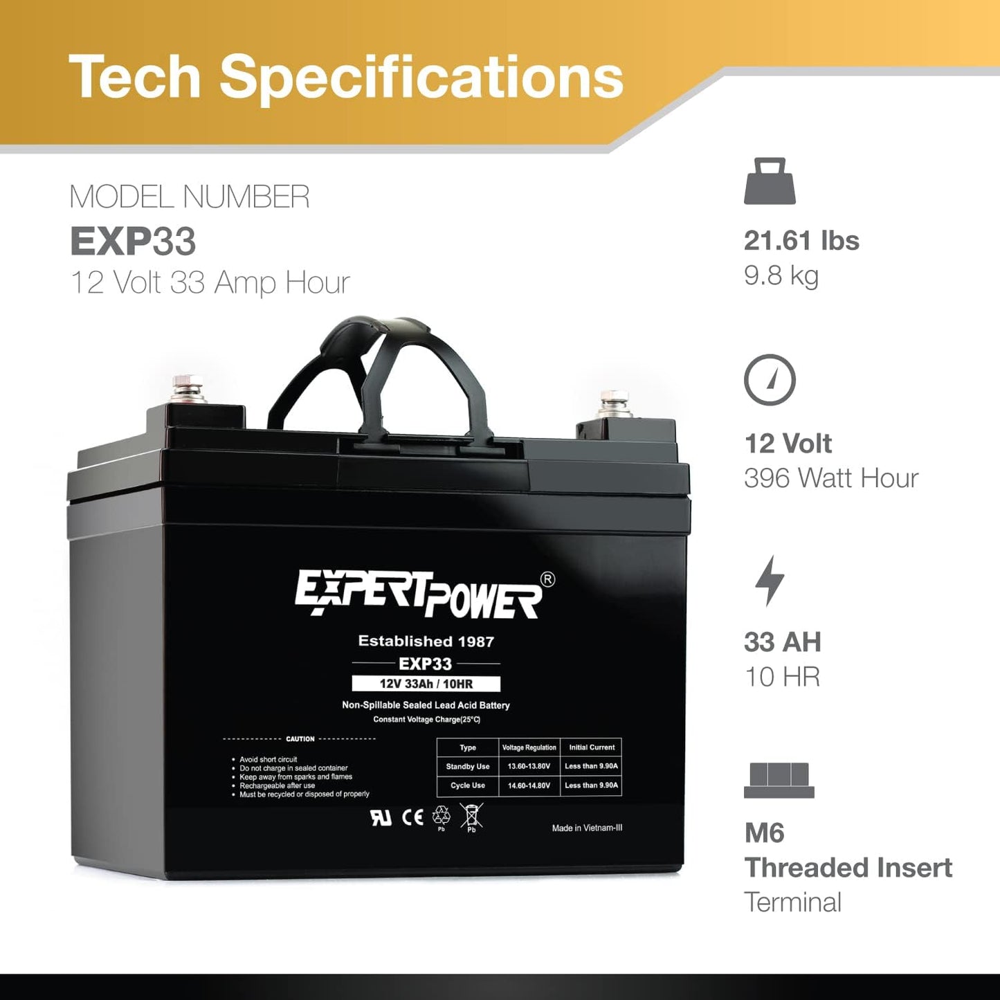 ExpertPower 12v 33ah Rechargeable Deep Cycle Battery [EXP1233 ]