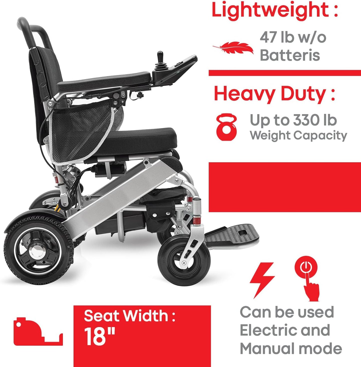 Wheelchair - ActiWe WX15 Electric Wheelchairs for Adults- Lightweight Foldable All Terrain Motorized Wheelchair for Adults- Portable Folding Power Wheel Chair for Seniors-Only 47 lb-Silla de Ruedas Electrica (SE)