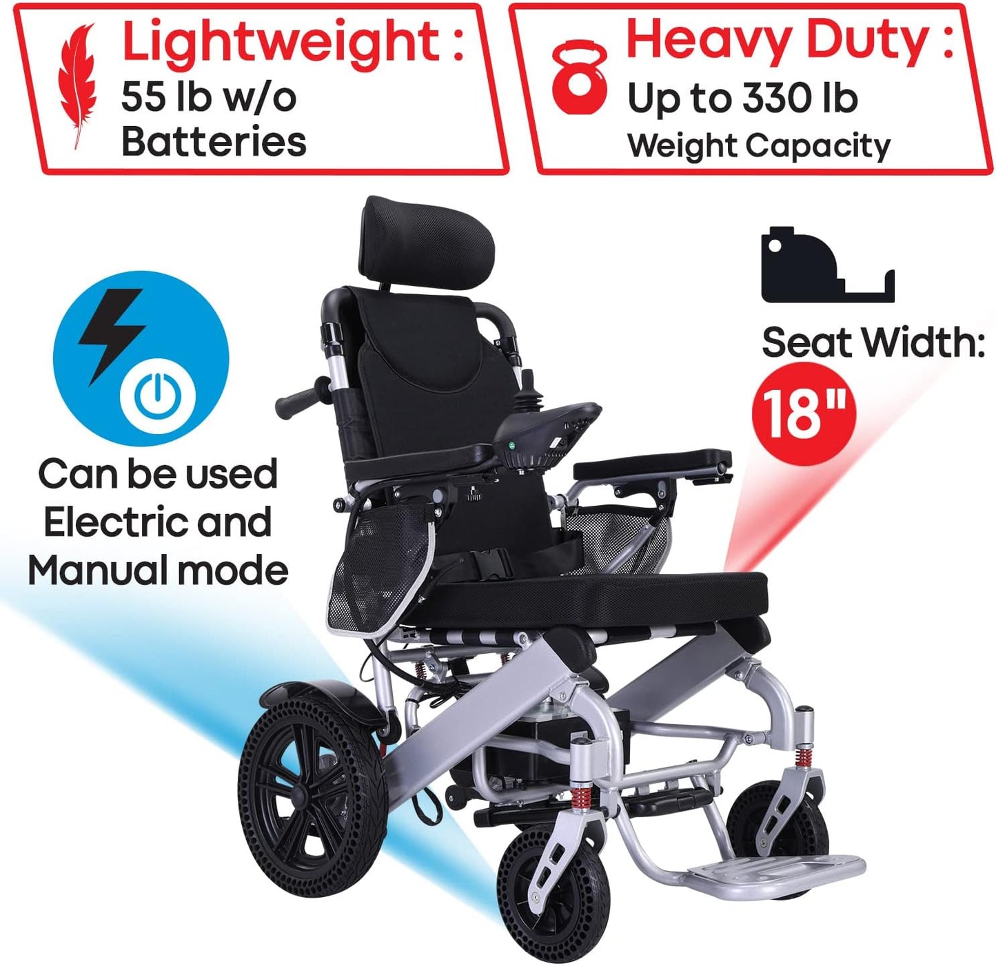 Wheelchair - ActiWe WX11 Electric Wheelchairs for Adults Reclining Foldable Electric Wheelchair All Terrain Motorized Wheelchair for Adults Portable Folding Power Wheel Chair, Silla de Ruedas Electrica -Silver