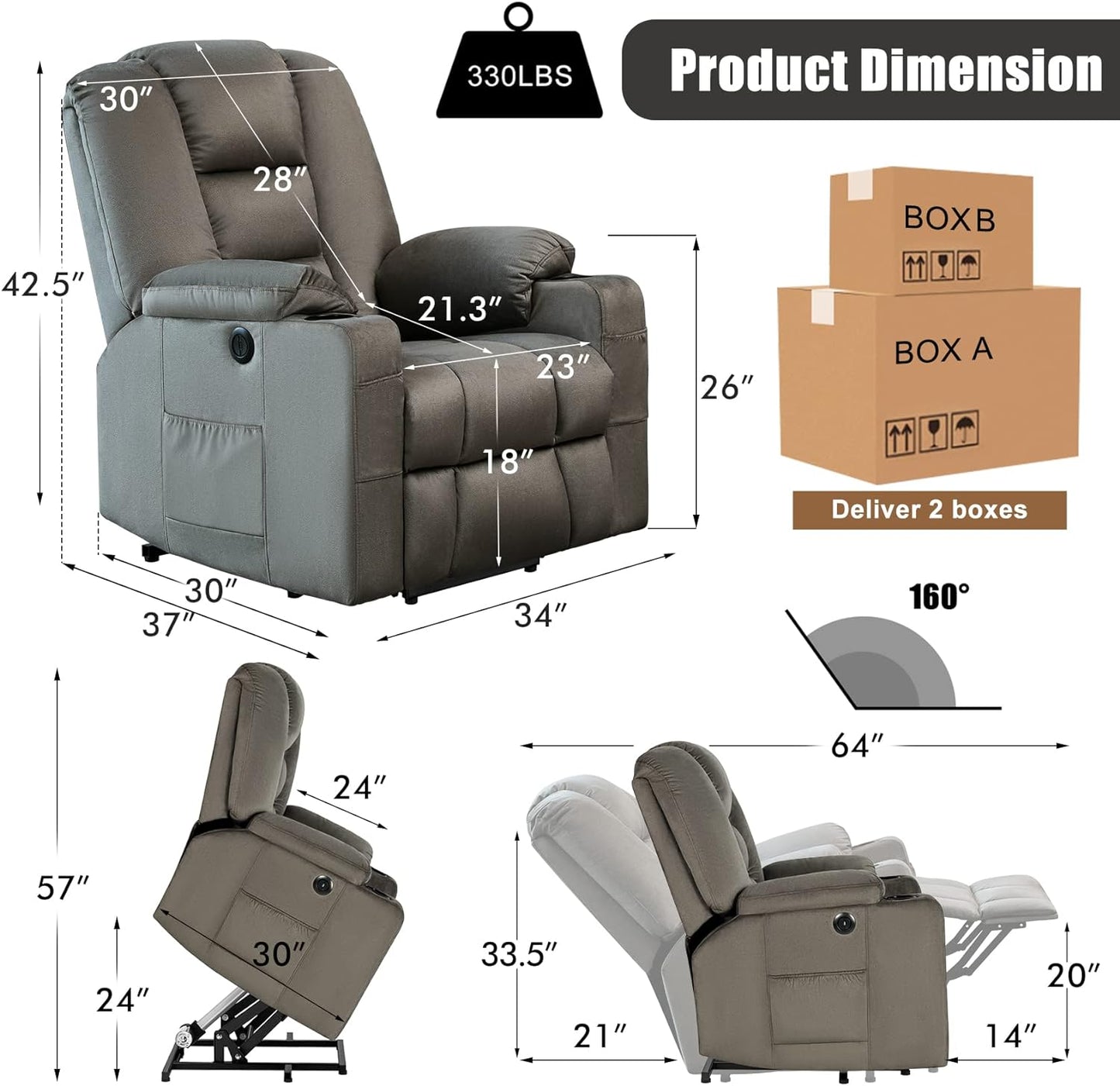 Recliner - CDCASA Power Lift Recliner Chair for Elderly with Heated Vibration Massage, Fabric Electric Power Recliner Chairs for Seniors, Side Pockets,Cup Holders, USB Ports, Remote Control, Brown