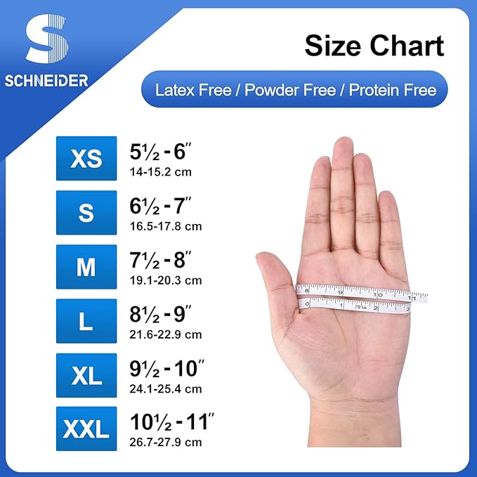 Gloves - Schneider Nitrile Exam Gloves, Blue, 4 mil, Powder-Free, Latex-Free, for Medical Exam, Cleaning and Food Prep, Non-Sterile