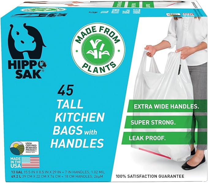 Trash Bags - Plant Based - Hippo Sak Tall Kitchen Bags with Handles, 13 gallon (45 Count)