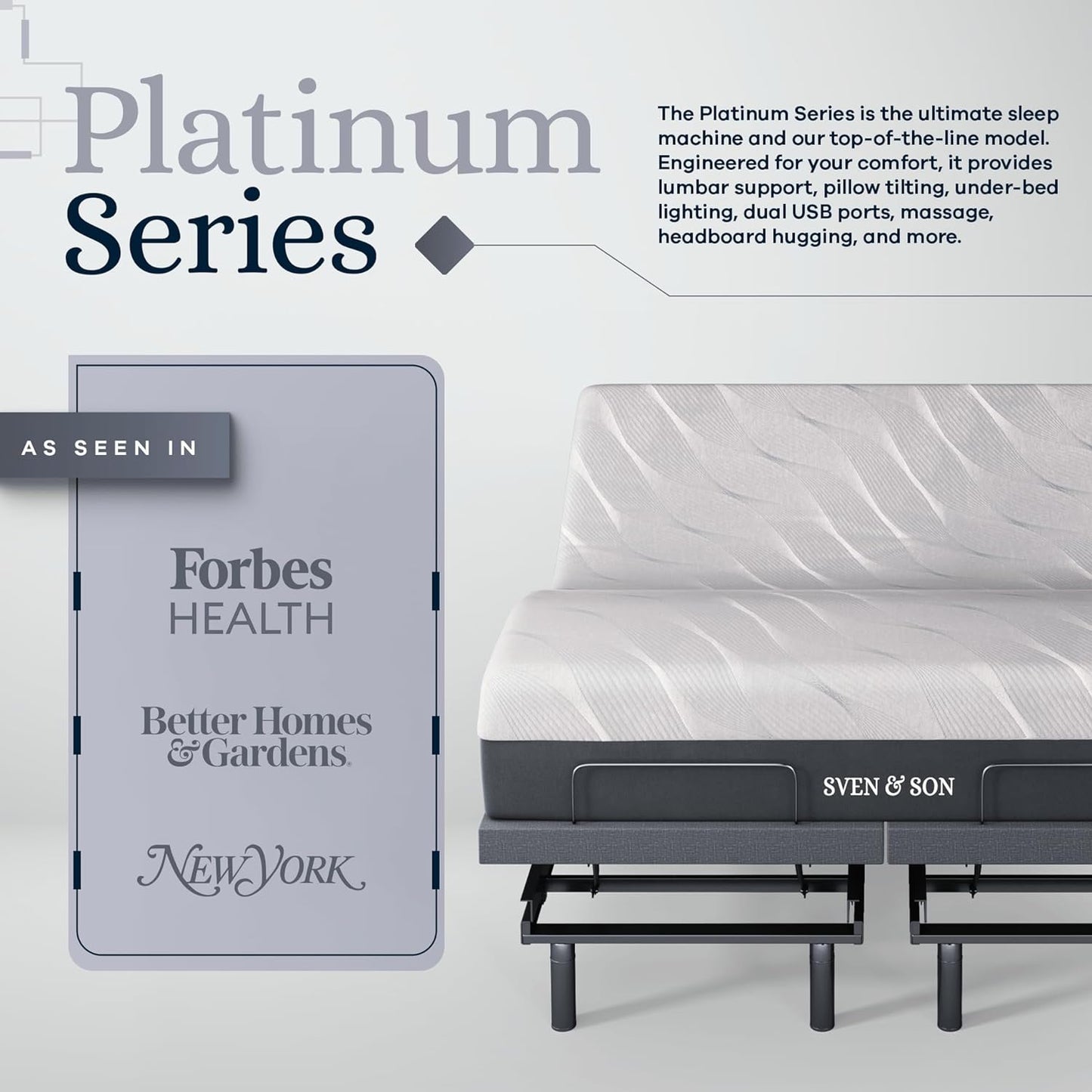Sven & Son Platinum Adjustable Bed Base (Frame) + 14 inch Hybrid Spring Matt (Medium Soft), Lumbar Support, Head (Pillow) Tilt, Massage, Under-Bed Lights, USB - Split King