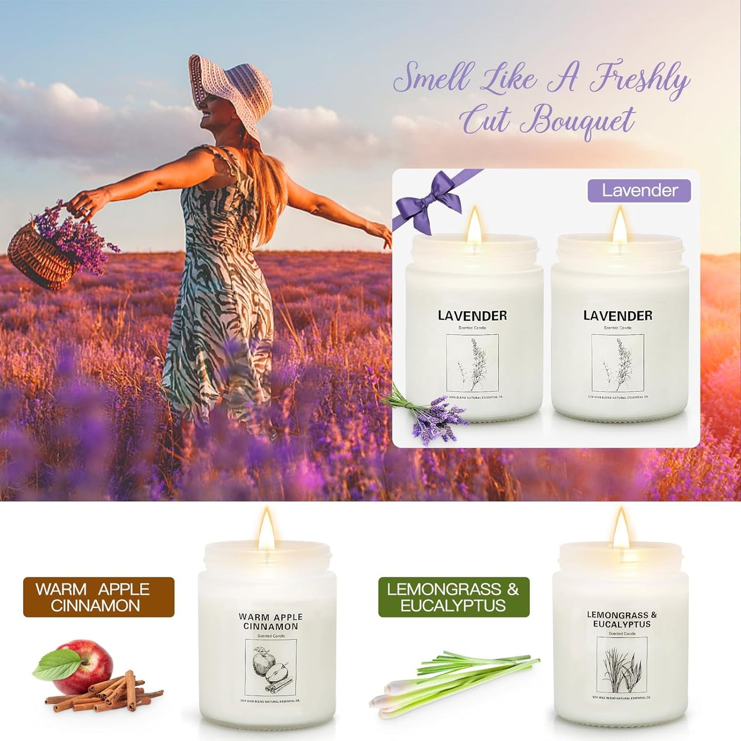 4 Pack Candles for Home Scented, Lavender Candles Gifts Set for Women, 28 oz Aromatherapy Apples Cinnamon Scented Candles for Home 200 Hour Long Lasting Soy Candle for Christmas Birthday