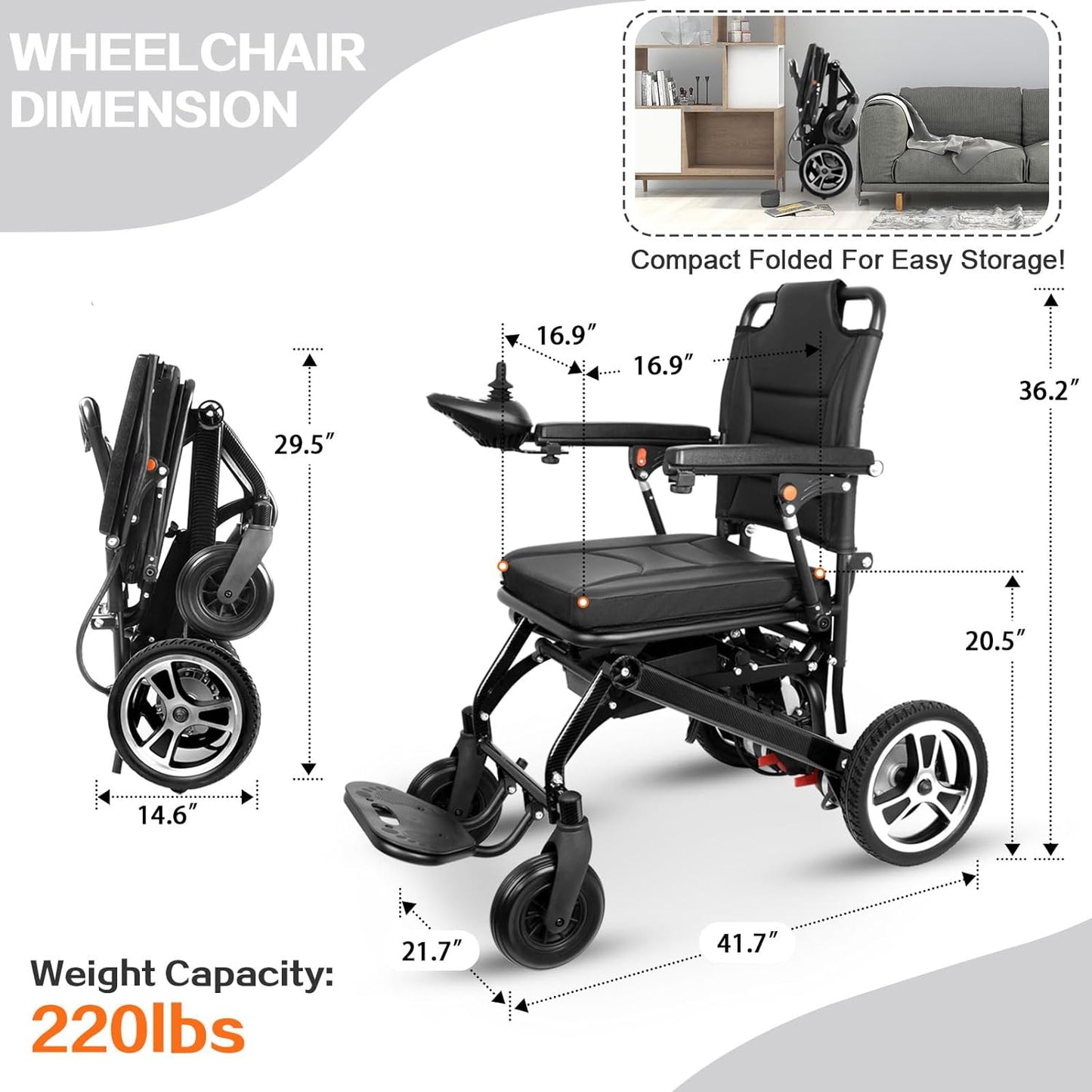 WISGING Weights Only 37LBS, Folding Electric Powered Wheelchair Lightweight Portable Smart Chair Personal Mobility Scooter Wheelchair, Travel Wheelchair for Senior, Supports 220LBS