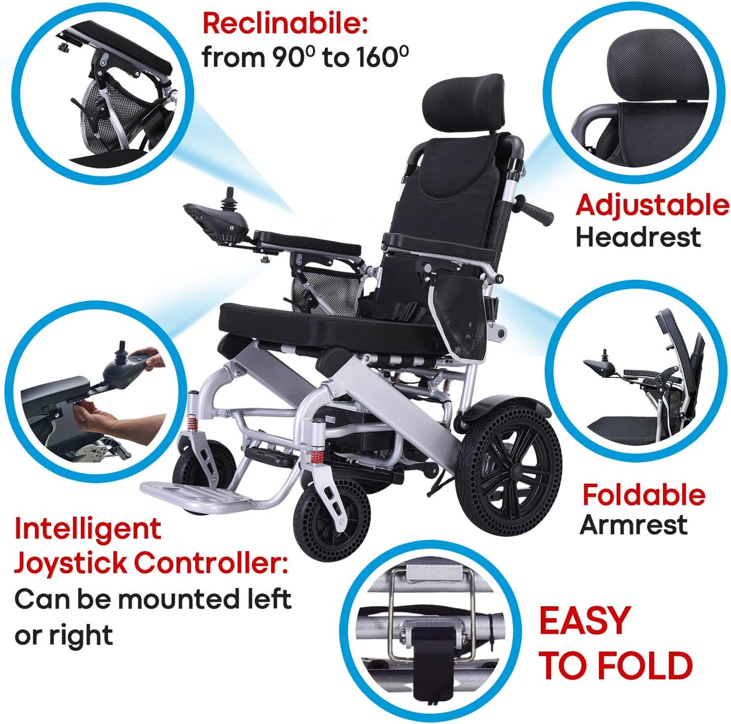Wheelchair - ActiWe WX11 Electric Wheelchairs for Adults Reclining Foldable Electric Wheelchair All Terrain Motorized Wheelchair for Adults Portable Folding Power Wheel Chair, Silla de Ruedas Electrica -Silver