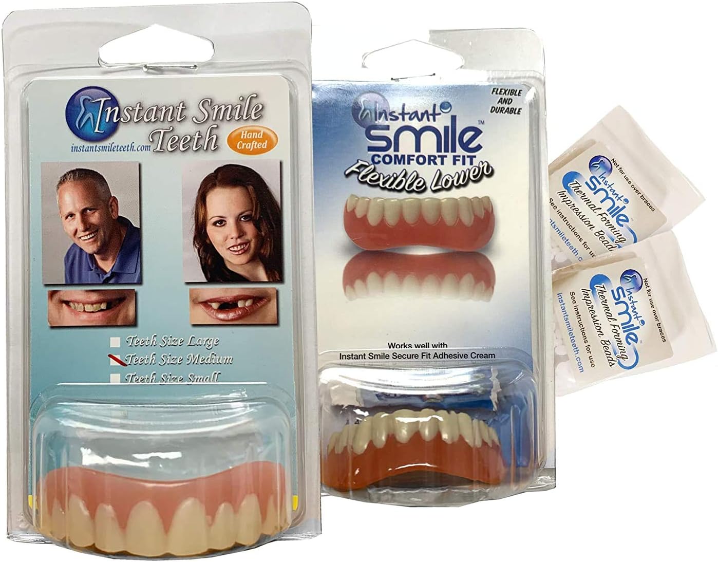 Instant Smile Veneer Set with Medium Top Set of White Teeth and Bottom Set of White Teeth with 2 Extra Pkgs Thermal Beads