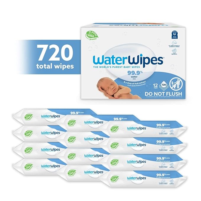 Wipes - WaterWipes Plastic-Free Original Baby Wipes, 99.9% Water Based Wipes, Unscented & Hypoallergenic for Sensitive Skin, 60 Count (Pack of 12), Packaging May Vary