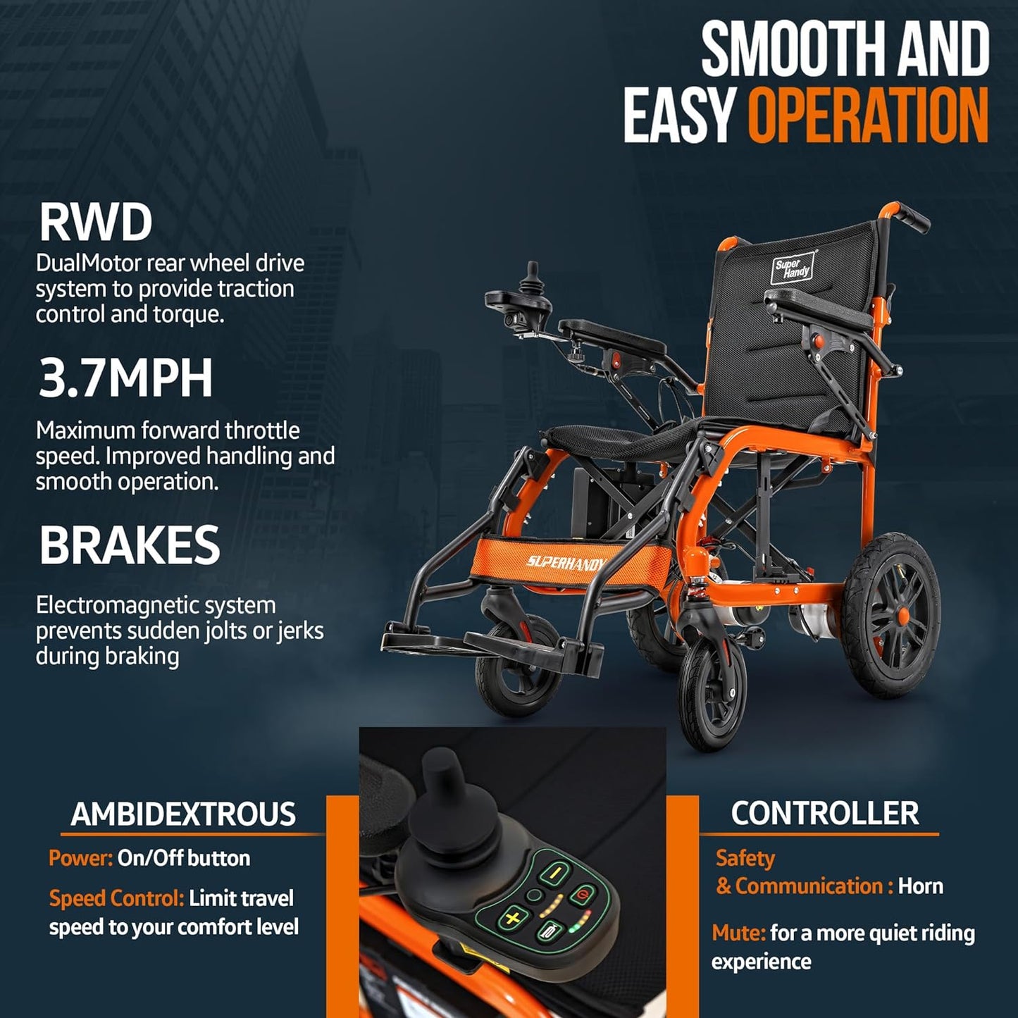 SuperHandy Electric Wheelchair Lightweight Aluminum - Foldable, Powerful 250W Brushless Motors, Dual Mode, 3.7MPH Max Speed, 9 Degree Max Slope - Hand Controls & Electromagnetic Braking