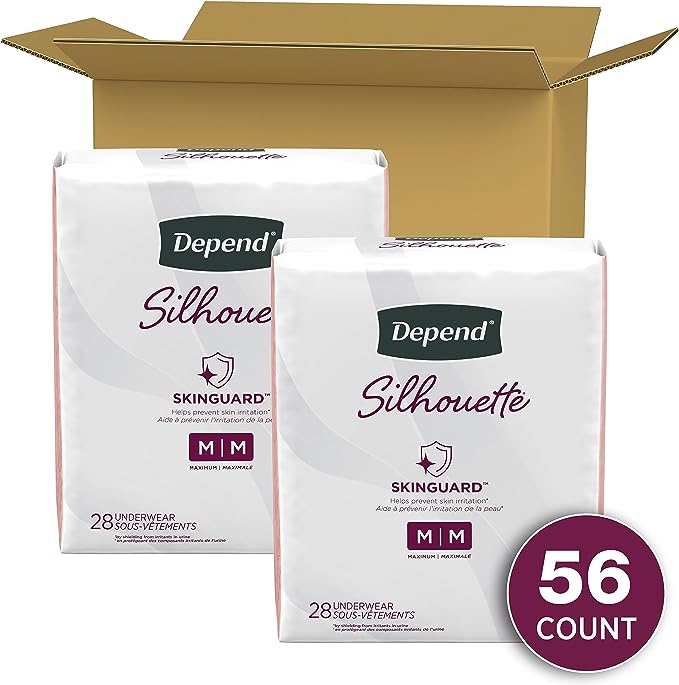 Depend Silhouette Adult Incontinence and Postpartum Underwear for Women, Medium, Maximum Absorbency, Pink, 56 Count (2 Packs of 28), Packaging May Vary
