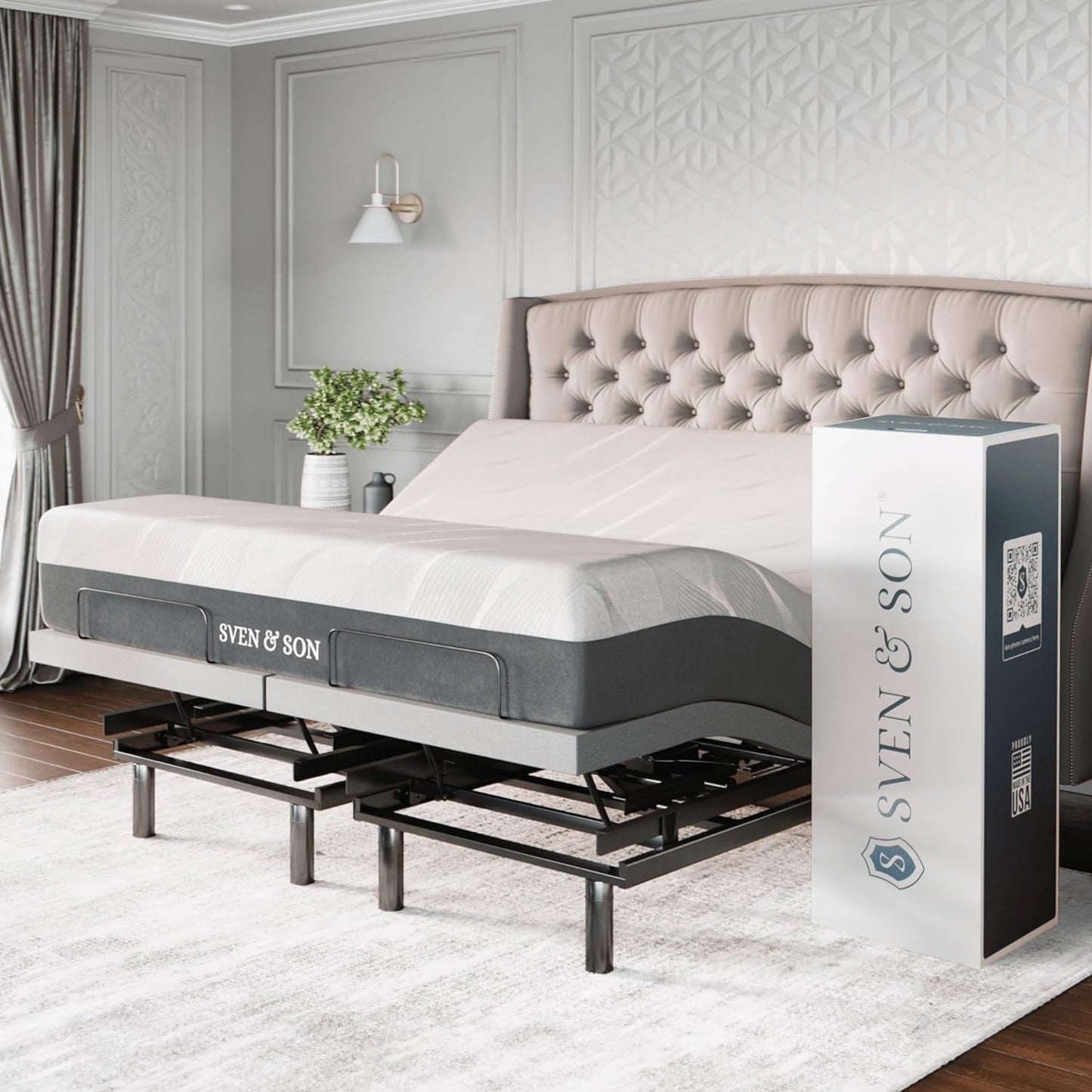 Sven & Son Platinum Adjustable Bed Base (Frame) + 14 inch Hybrid Spring Matt (Medium Soft), Lumbar Support, Head (Pillow) Tilt, Massage, Under-Bed Lights, USB - Split King