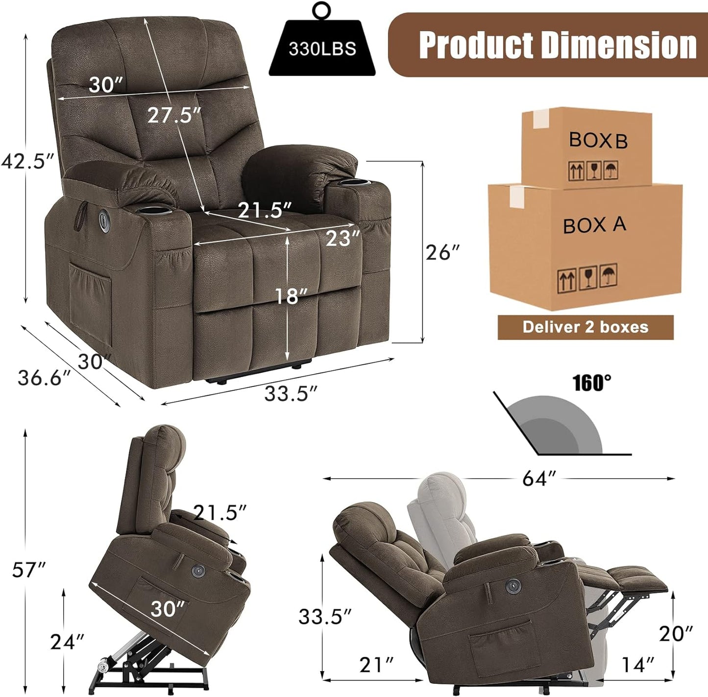 Recliner - CDCASA Power Lift Recliner Chair for Elderly with Heated Vibration Massage, Fabric Electric Power Recliner Chairs for Seniors, Side Pockets,Cup Holders, USB Ports, Remote Control, Brown