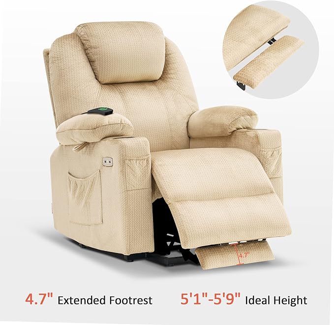 Recliner chair - MCombo Medium Power Lift Recliner Chair Sofa with Massage and Heat for Elderly, 3 Positions, Cup Holders, and USB Ports, 2 Side Pockets, Fabric 7040 (Medium, Beige)