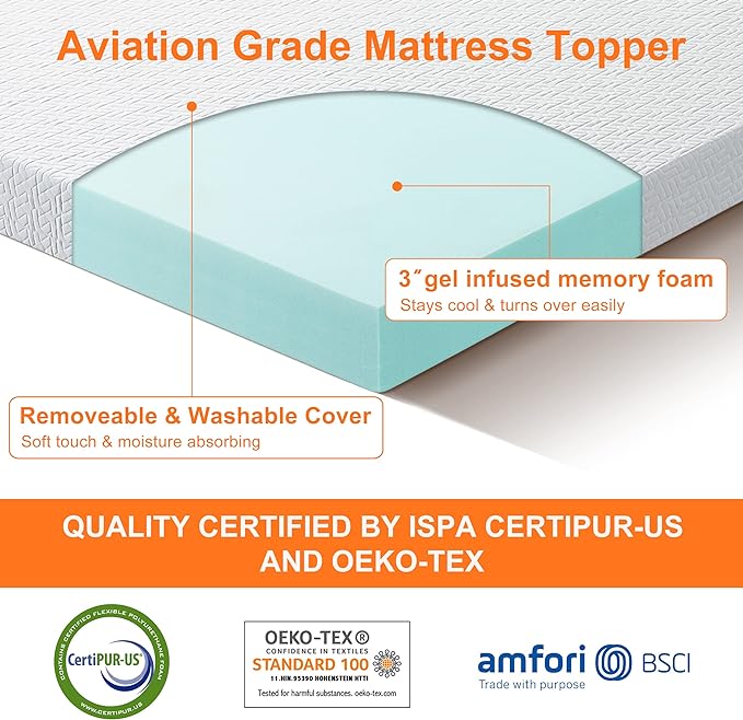 Mattress - 3 Inch Gel Memory Foam Mattress Topper Queen Size, Mattress Pad Cover for Pressure Relief, Bed Topper with Removable Rayon Made from Bamboo Cover，Soft & Breathable